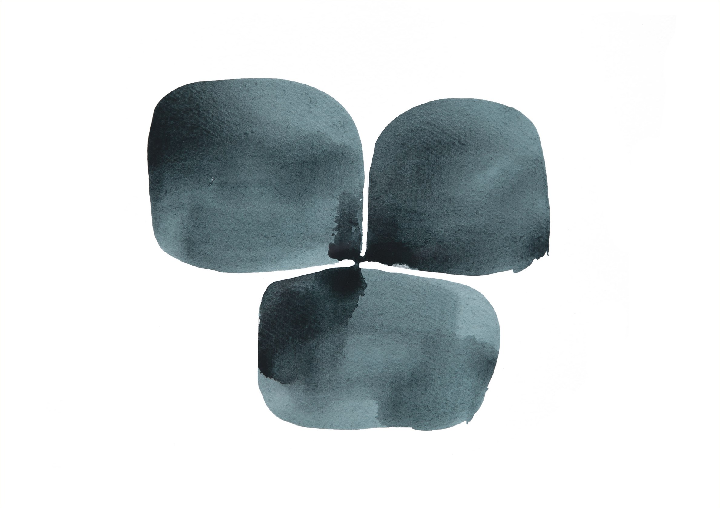 Three overlapping deep-teal watercolour forms on white paper